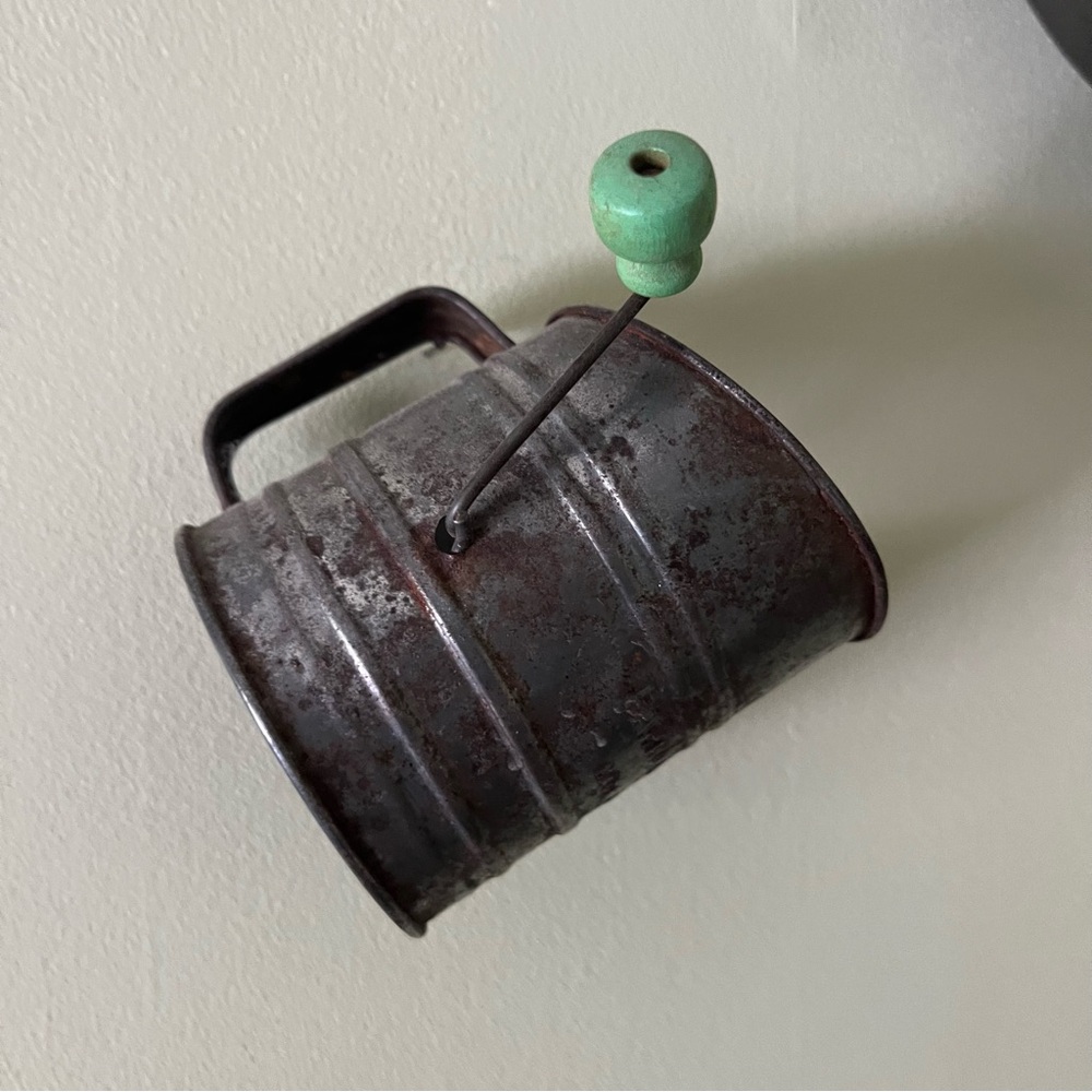 Antique sifter meal with wooden handle.  Cranks still with  no problem.